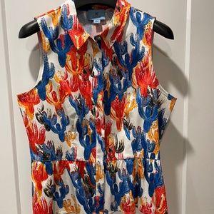 CeCe - blue, red and orange "Cactus" print peplum shirt. Size L